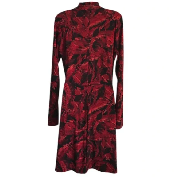 Norma Kamali red & black feather print faux wrap ls jersey dress size L in EUC - Picture 3 of 15